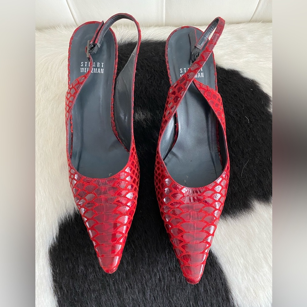 Stuart Weitzman Red Snakeskin Slingback Heels - Picture 6 of 6